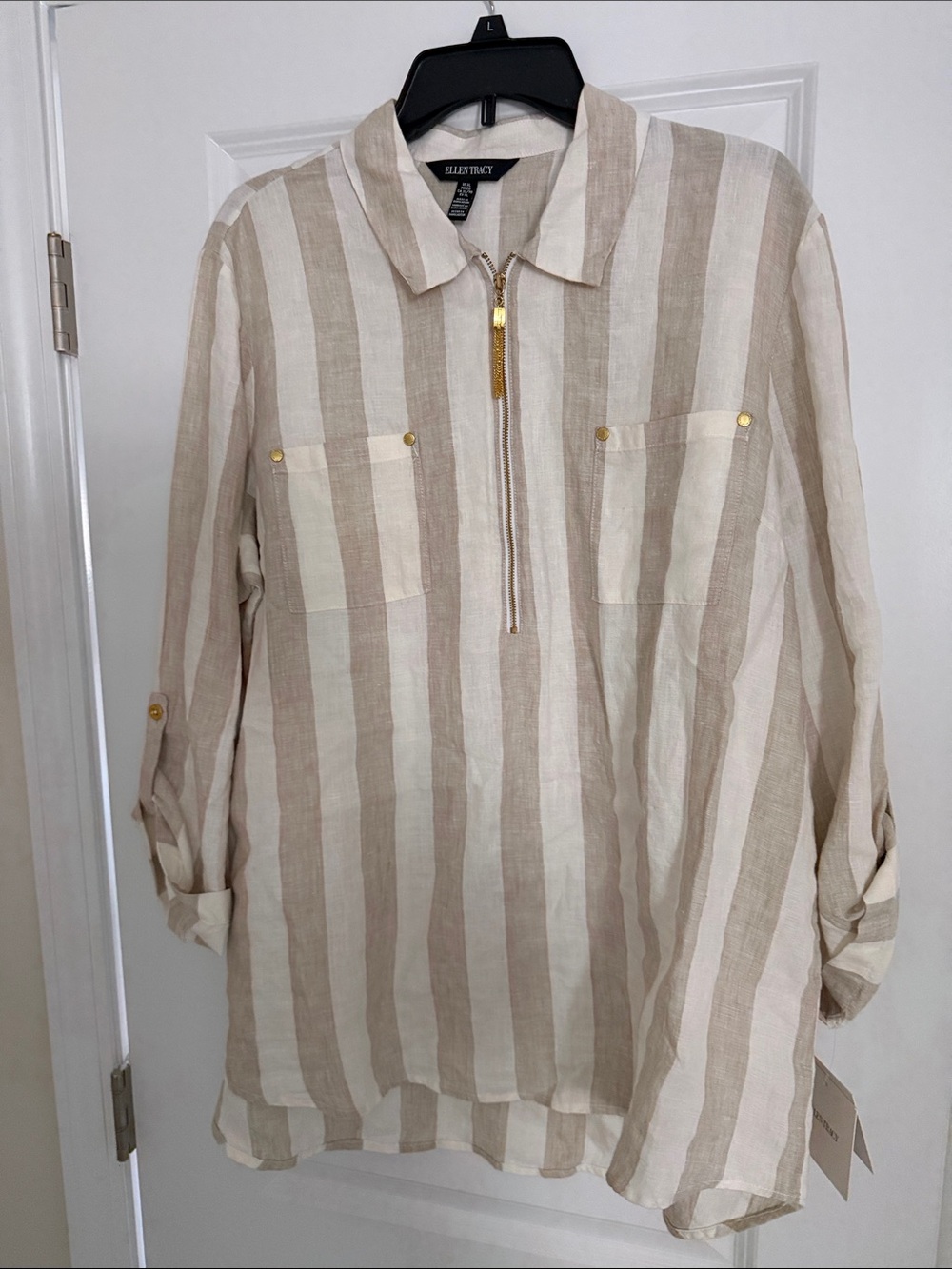 Ellen Tracy Pure Linen Beige & White Striped Half-Zip Button Down Shirt